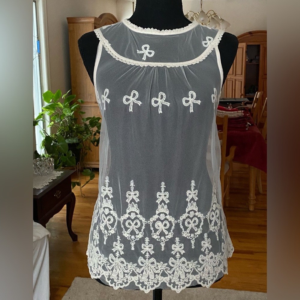 Monteau Cream White Sheer Bow Lace Tank Top Ballet Vintage - Picture 3 of 10
